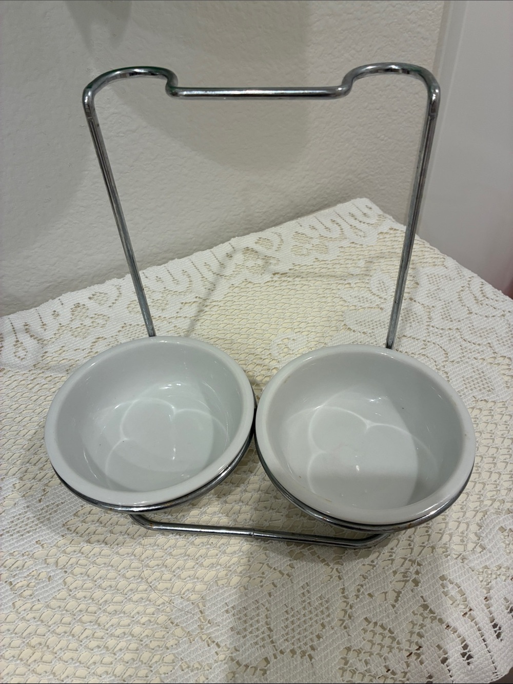 Vintage White Ceramic Double Utensil Holder with Chrome Stand